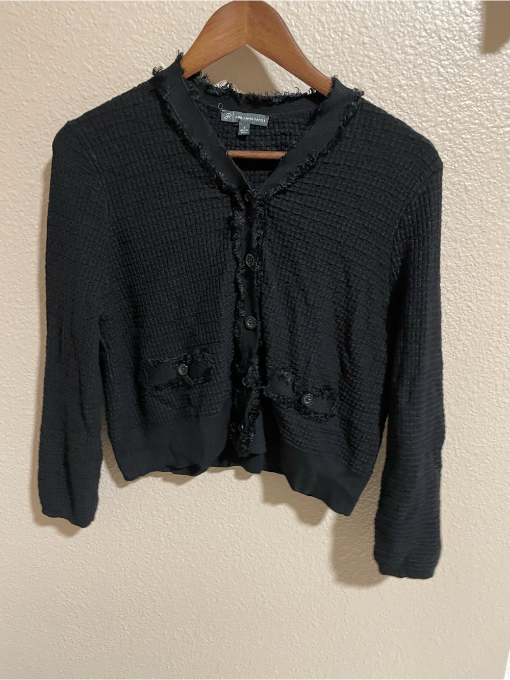 Adrianna Papell Black Fringe-Trim Button Front Cardigan